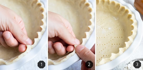 A thumb and pointer finger forming a V and then another thumb pressing in showing how to crimp pie crust dough.