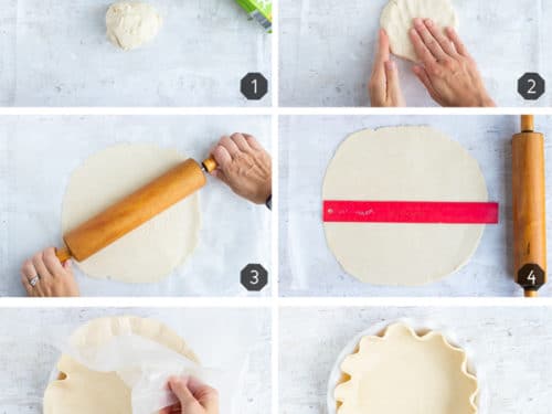 Instructional images showing how to roll out pie crust dough for a 9-inch pie plate.