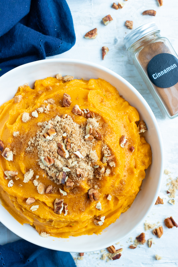 Easy and vegan mashed sweet potatoes recipe with brown sugar and cinnamon using Instant Pot potatoes.