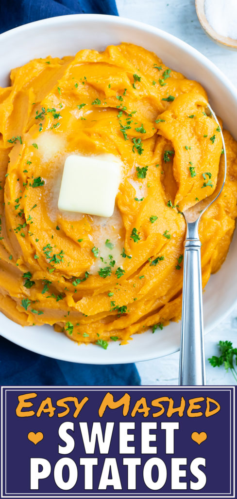 A spoon scooping out some sweet potato mash from a large bowl for a healthy side dish recipe.