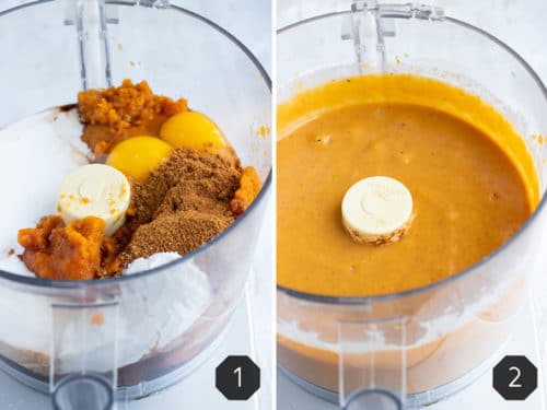 A food processor full of pumpkin pie ingredients showing how to make a homemade pumpkin pie.
