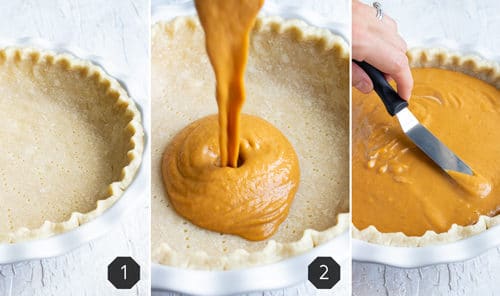 Creamy pumpkin filling being poured into a homemade pie crust and spread around.