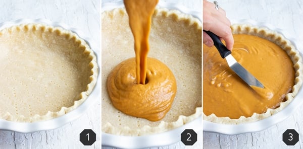 Creamy pumpkin filling being poured into a homemade pie crust and spread around.