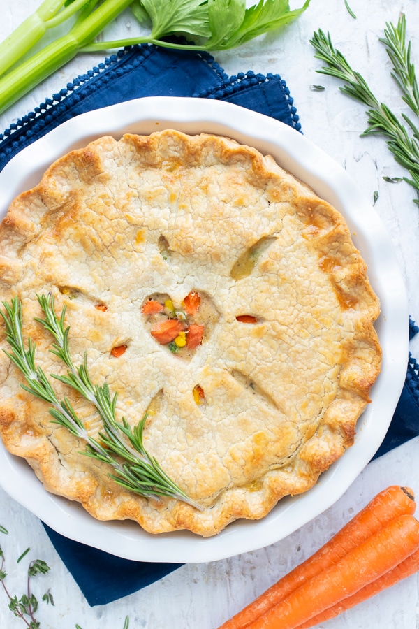 A healthy and homemade chicken pot pie recipe with carrots and celery.