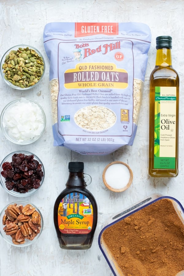 Ingredients for a gluten-free and vegan homemade granola recipe.