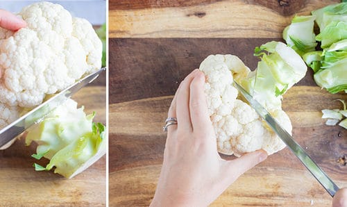 Cutting and discarding the stem of a head of cauliflower.