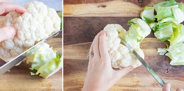 Cutting and discarding the stem of a head of cauliflower.