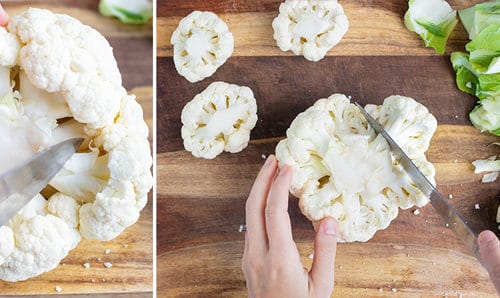 A knife showing how to cut cauliflower into florets for healthy recipes.