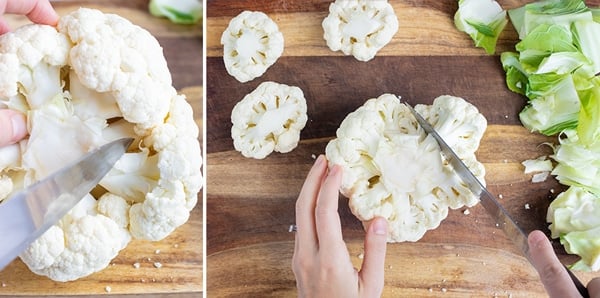 A knife showing how to cut cauliflower into florets for healthy recipes.