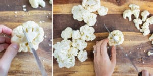 Chopping up large cauliflower florets into smaller florets.