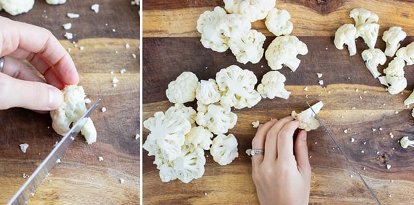 Cutting the end of the cauliflower floret before it is roasted, boiled, or sauteed.