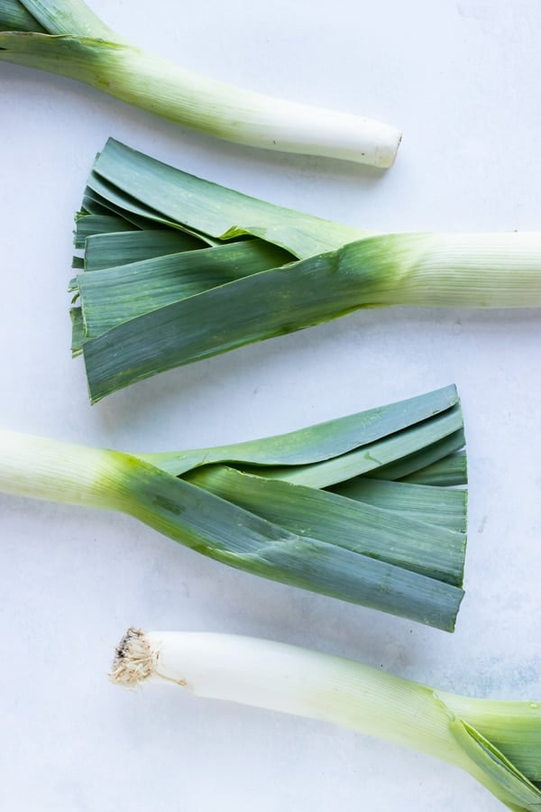 Fresh leeks for cutting and cleaning.