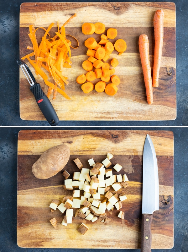 Carrots that have been peeled and sliced and a large potato that has been cut into cubes for a healthy curry recipe.