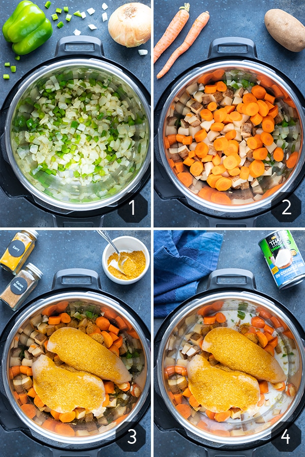 Four images showing How to Make Chicken Curry in an Instant Pot.