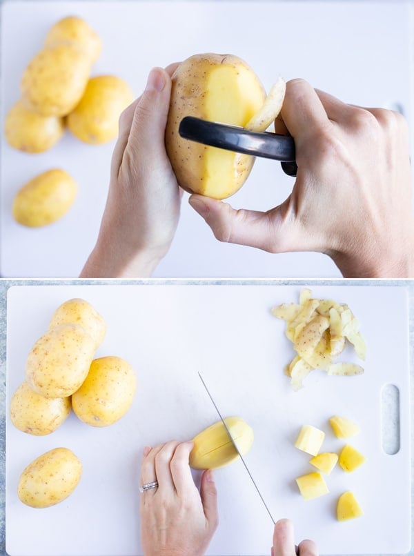 Peeling and cutting Yukon gold potatoes for a healthy soup recipe.
