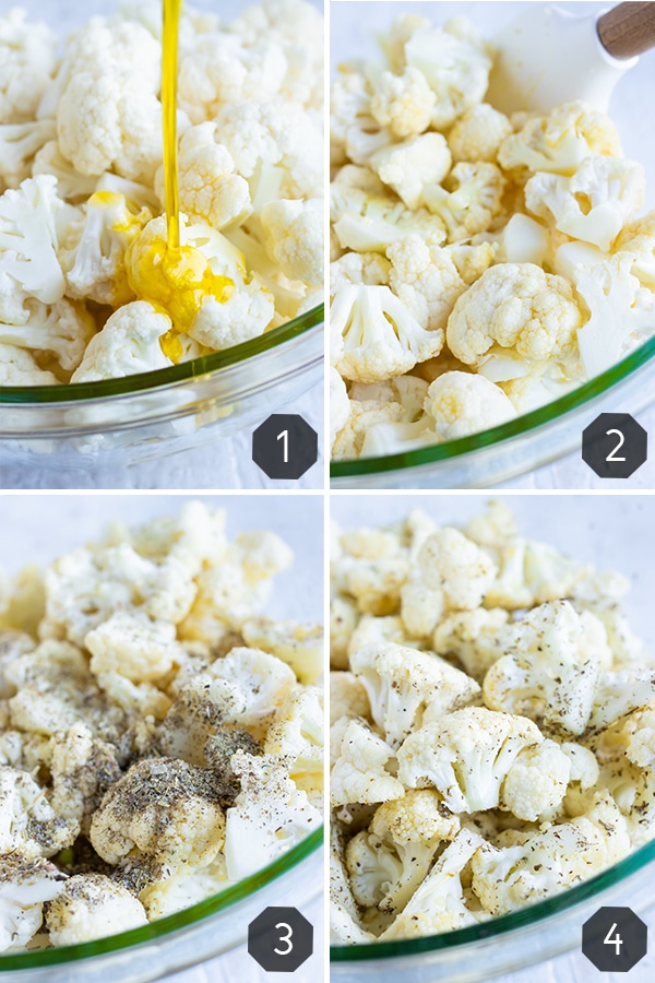 Step-by-step photos showing how to roast cauliflower in the oven.