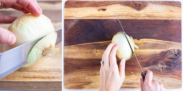 Remove the root and stem from the onion prior to cutting it further.