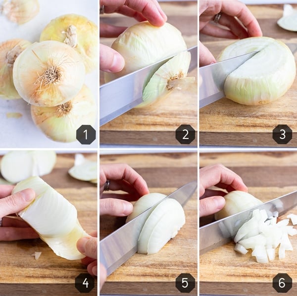 A step by step collage showing how to cut onions