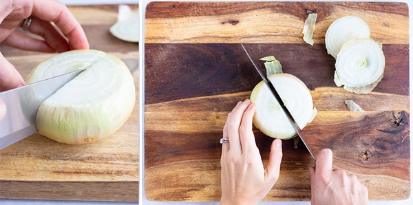 Cut an onion in half by placing it flat side down on a cutting board.