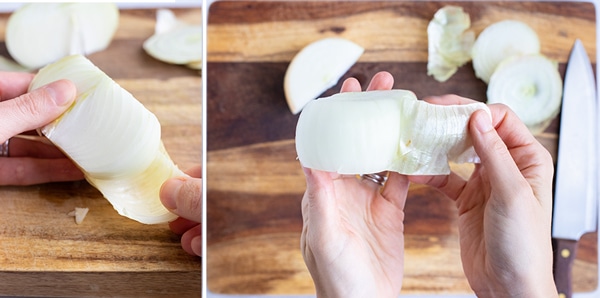 Peel the skin and and outer layer of onion away before slicing or dicing an onion.