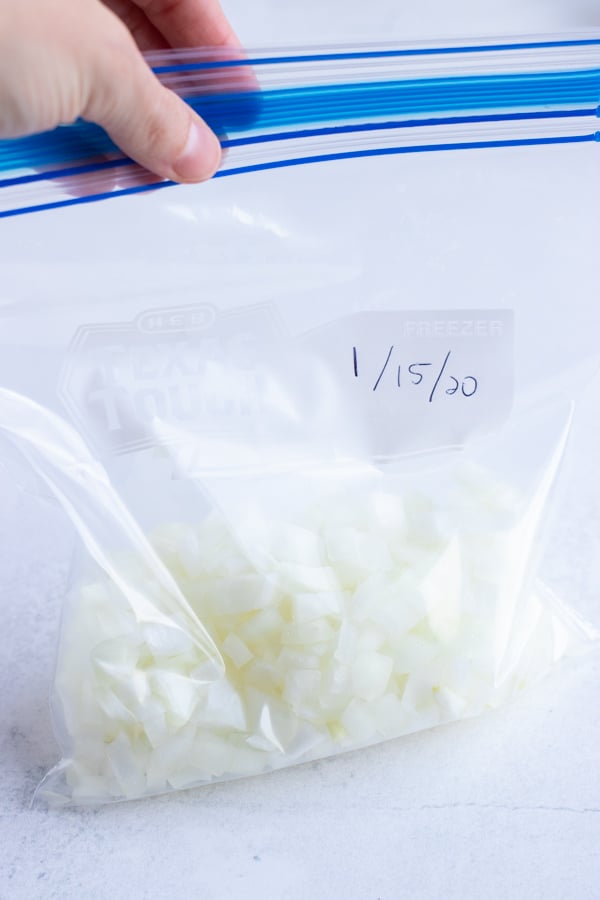 Diced onion freezes well in a freezer bag for 3-6 months.