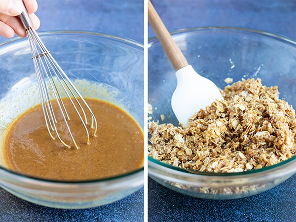 Whisking together and mixing the ingredients for a vegan no-bake oatmeal bars recipe with coconut and chocolate.