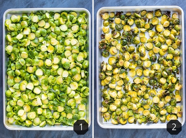 Two baking sheets showing how to roast shredded Brussels sprouts in the oven.