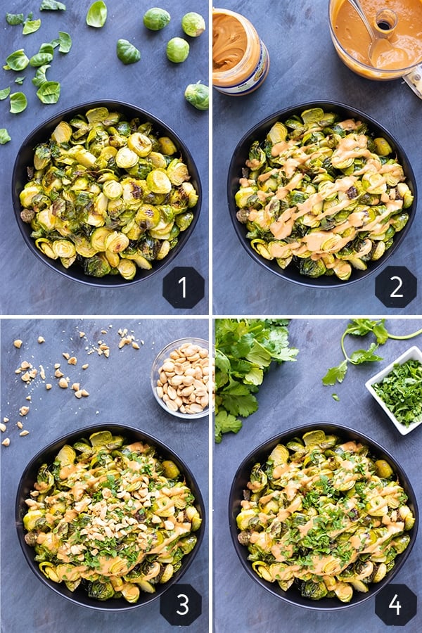 Four images showing how to make roasted Brussels sprouts with a peanut butter sauce.