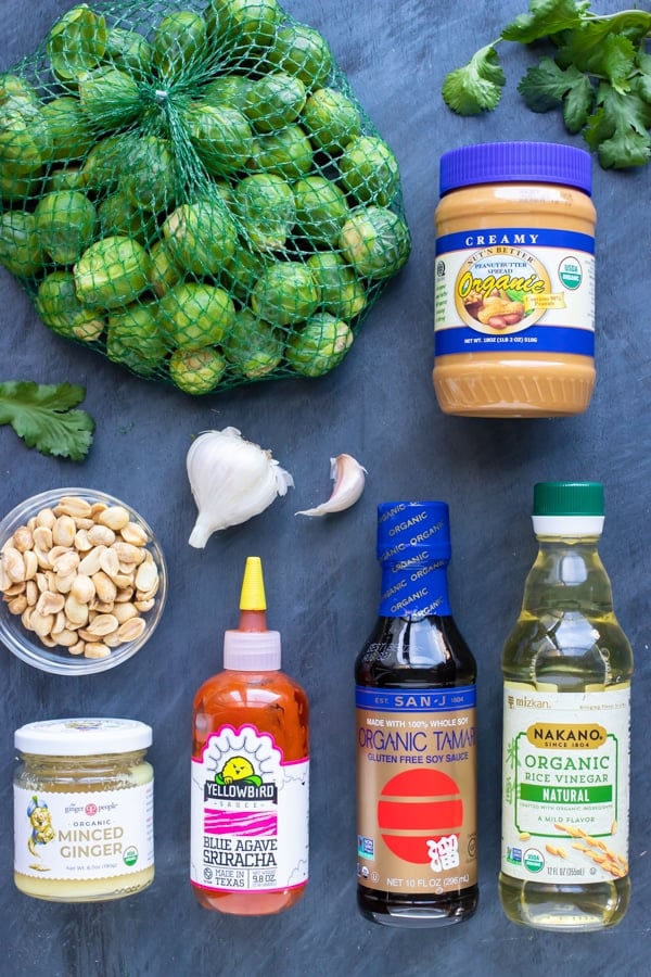 A pound of Brussels sprouts and the ingredients for a peanut butter Asian sauce.