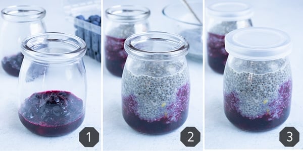 A glass jar being filled with a homemade vegan blueberry jam and a lemon chia pudding.