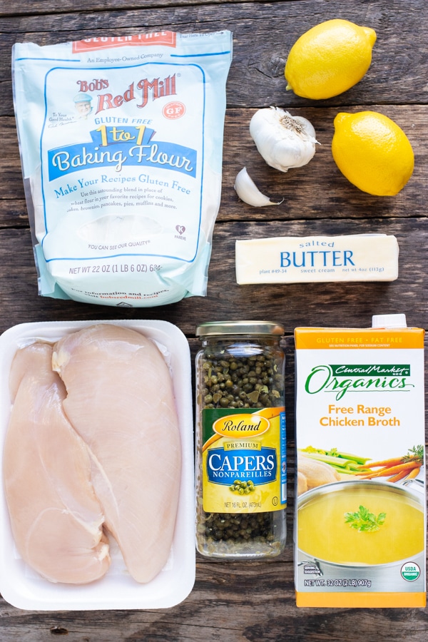 Chicken breasts, gluten-free flour, lemons, garlic, butter, capers, and chicken broth.