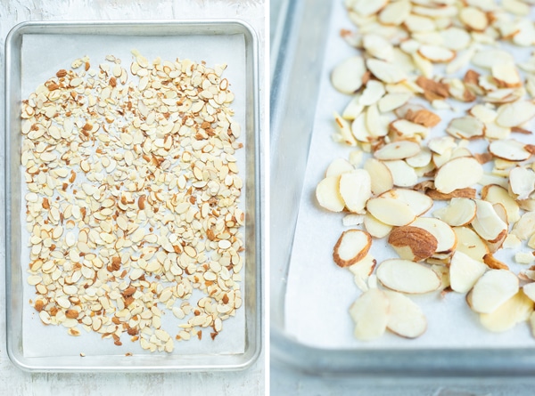 Sliced almonds are spread out on a sheet pan evenly before roasting.