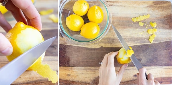 Using a sharp knife to remove the peel and leave the pith on a lemon.