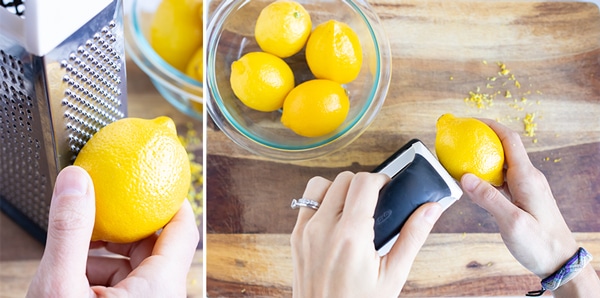 Showing how to use a boxed cheese grater to zest a lemon.