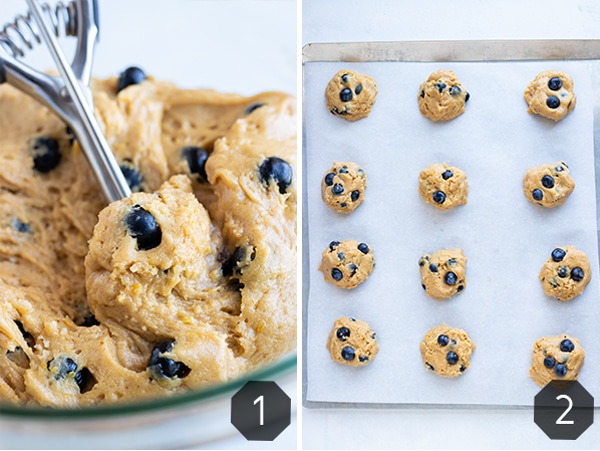 Use a cookie dough scoop to put the dough balls onto a parchment lined baking sheet.