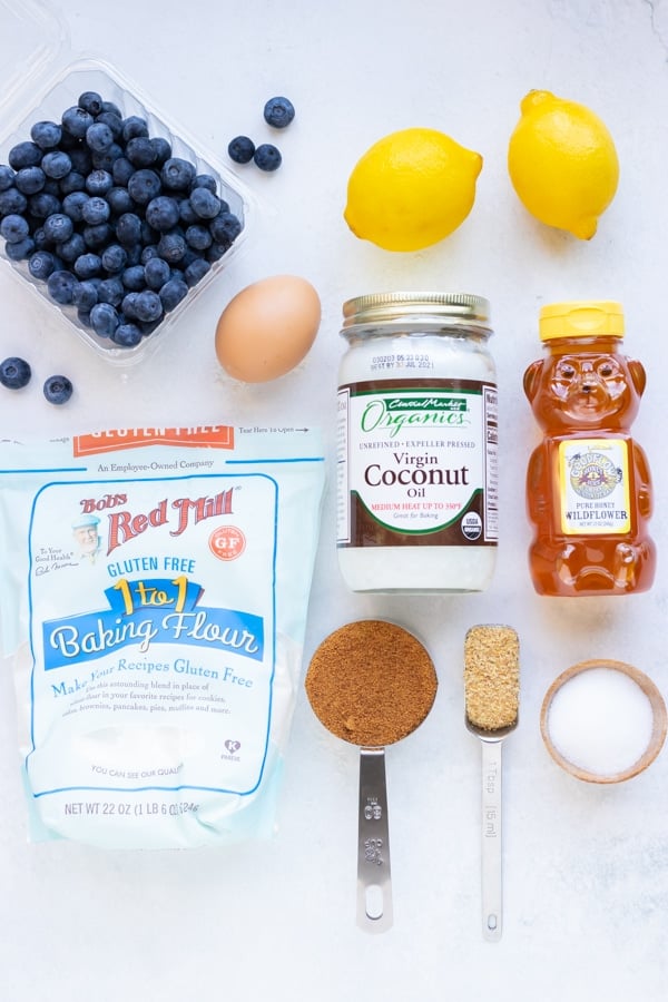 Gluten-free flour, coconut oil, honey, blueberries, egg, coconut sugar, lemons, and blueberries.