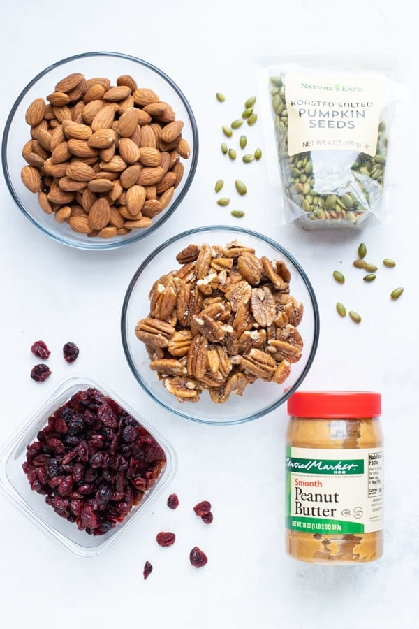 Almonds, pecans, dried fruit, nut butter, pumpkin seeds that are good pantry staples.