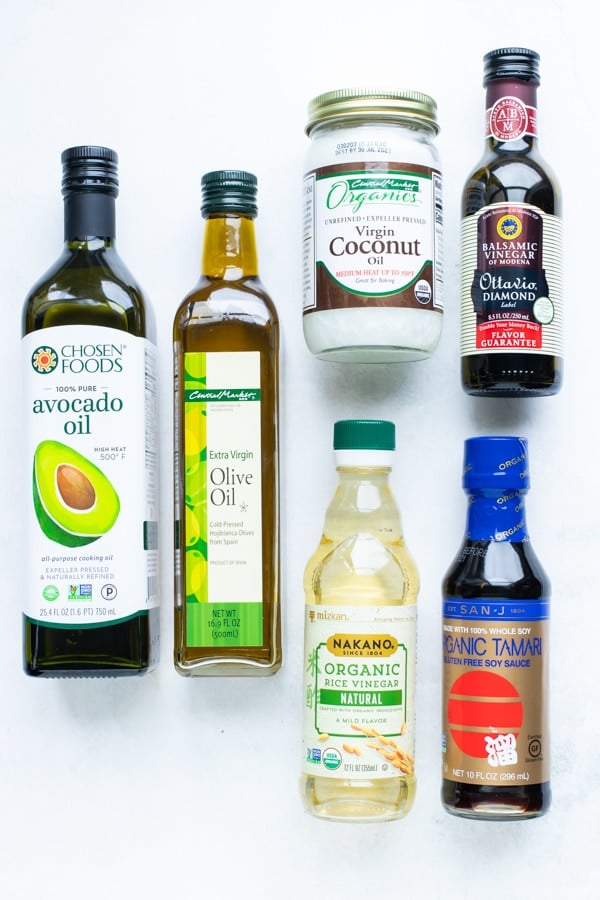 Oils, vinegars, soy sauce that are dry goods to stock up on in an emergency.