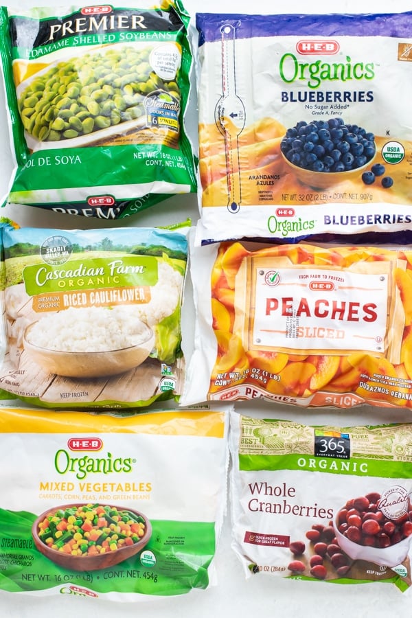 Frozen fruits and veggies to store in freezer when stocking up.