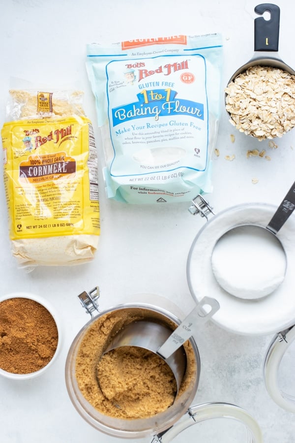 Processed flour, cornmeal, sugars, and oats that are dry goods to store in pantry.