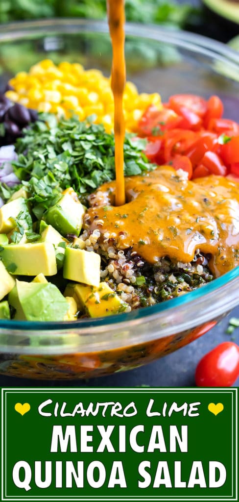 A Mexican Quinoa Salad with avocado in a clear glass bowl with a cilantro lime dressing.