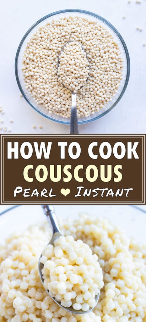 Dry pearl couscous in a bowl with a spoon and cooked being scooped up with a spoon.