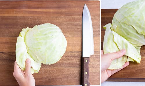 Removing the loose and brown leaves from the outside of a head of cabbage.