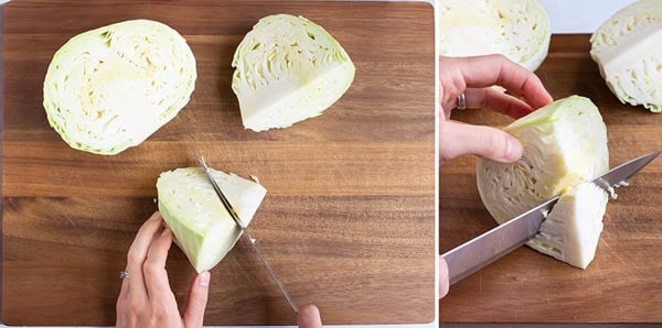 Removing the core of the cabbage by cutting at an angle with a knife.