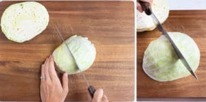 Cutting a cabbage head into quarters, or wedges.