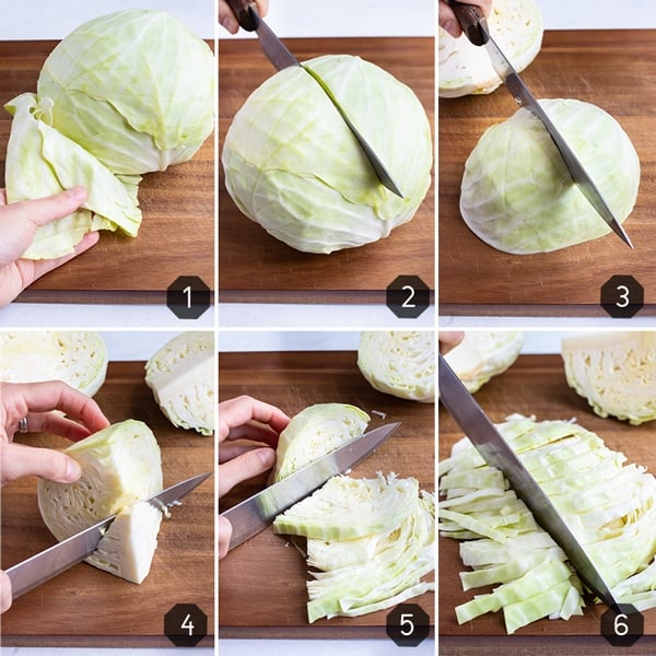 Step-by-step photos demonstrating how to cut and shred cabbage quickly and easily.