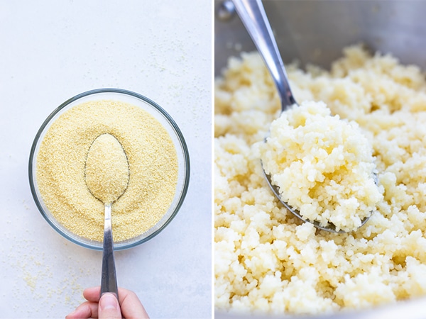 Dry instant couscous made from semolina flour in a bowl with a spoon and cooked being scooped up with a spoon.