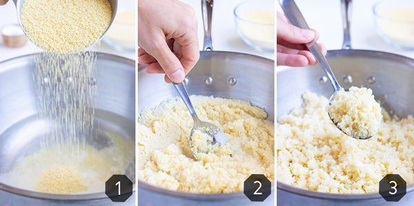 Instructions showing instant couscous being added to a pot, stirred, steamed, and fluffed to serve.
