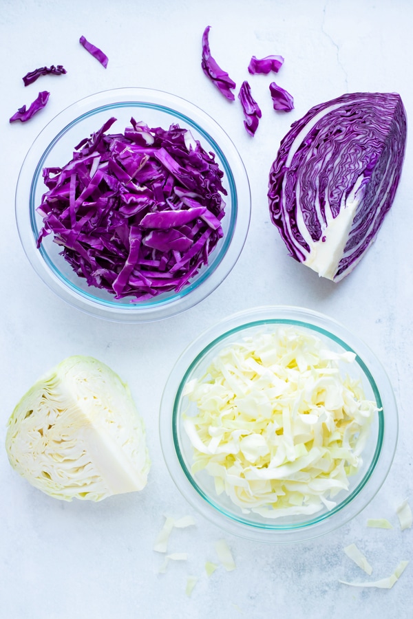 Shredded red and green cabbage showing the different types of cabbage you can select at the store.