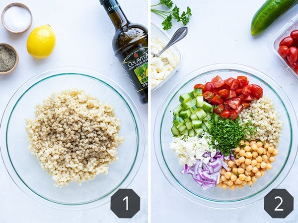 A large glass mixing bowl full of tomatoes, cucumbers, garbanzo beans, and feta cheese to show how to make a Mediterranean couscous salad.